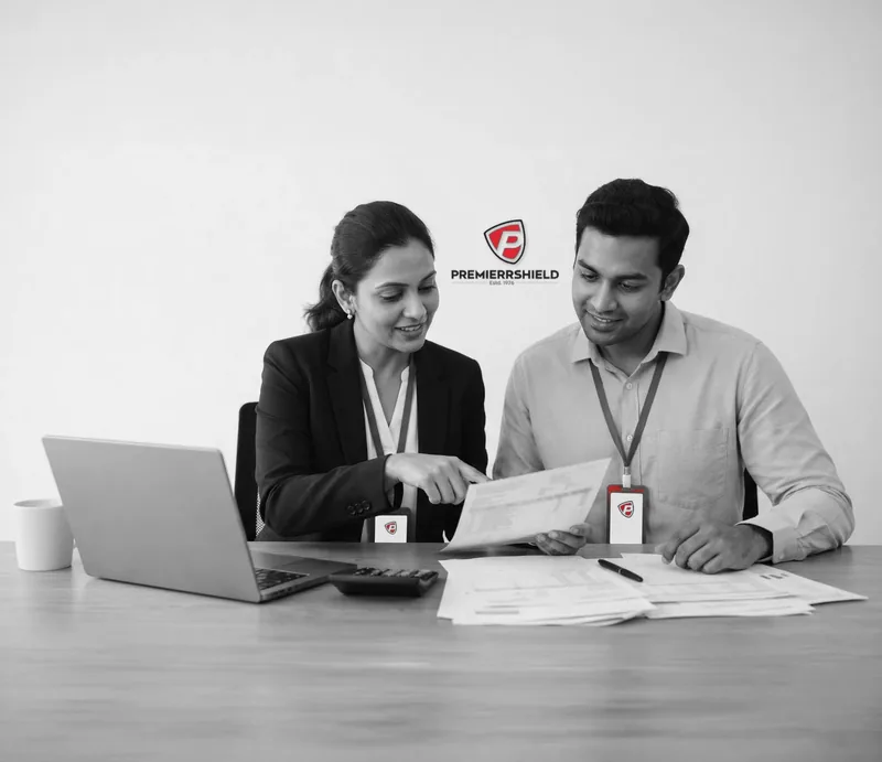 Two office staff with red lanyards review printed payroll sheets at a desk, the Premierrshield sign on the wall behind them